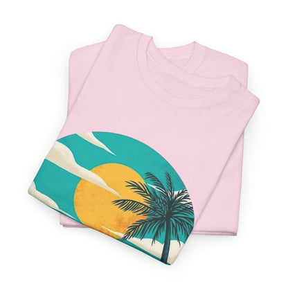 Retro Beach Scooter Tee -Vibrant Sunset Graphic,Tropical Beach Vibes T-Shirt -Sunset and Palm Trees Design,Vintage Beach Scooter Shirt