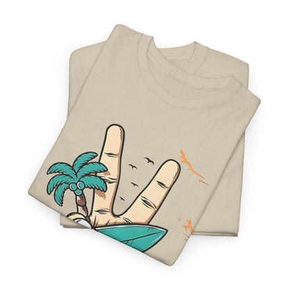 Peaceful Surf Vibes Graphic Tee, Tropical Peace Sign Surf T-Shirt, Beach Life Peace Hand Graphic Tee, Surfboard Palm Peace Gesture Shirt.