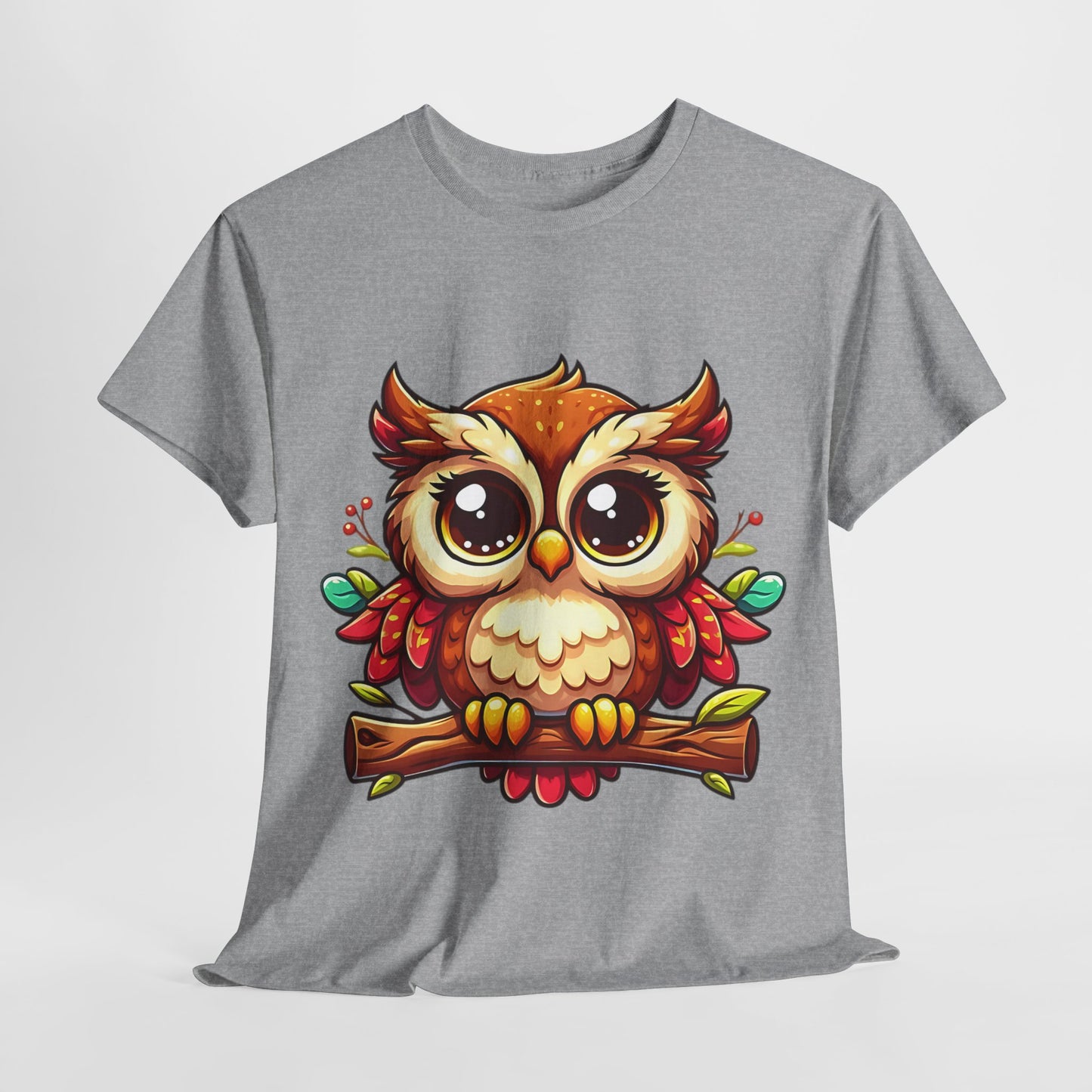 Cute Cartoon Owl T-Shirt, Adorable Owl Branch Tee, Colorful Big-Eyed Owl Shirt, Whimsical Owl Design Tee.