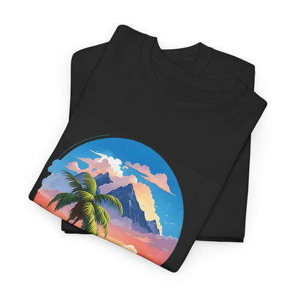 Island Escape Graphic T-Shirt, Sunset Palm Oasis Shirt, Vibrant Tropical Beach Scene Tee, Sunset Surf and Palm Trees Shirt.