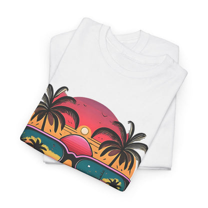 Sunglasses Reflection Beach Tee, Tropical Shades Paradise T-Shirt, Sunset Reflections Graphic Tee, Beach View Sunglasses Shirt.