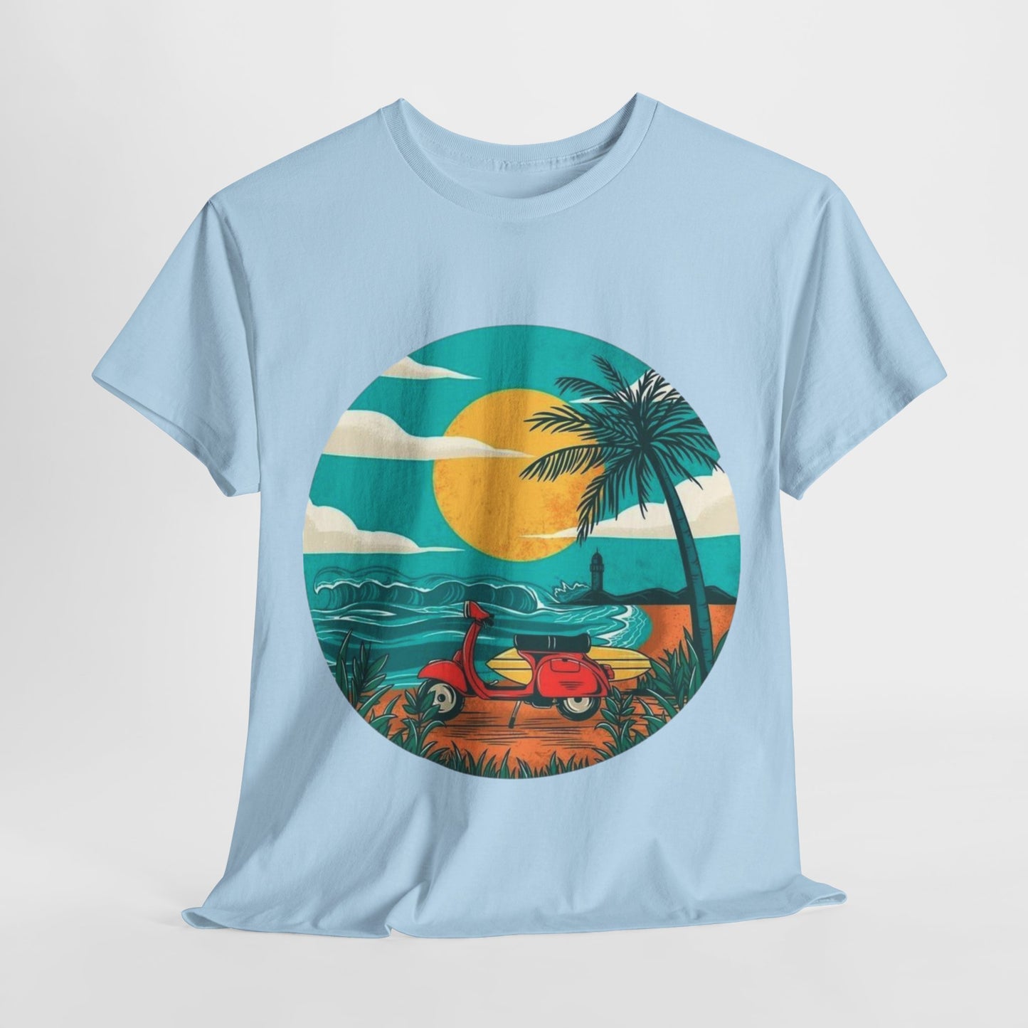 Retro Beach Scooter Tee -Vibrant Sunset Graphic,Tropical Beach Vibes T-Shirt -Sunset and Palm Trees Design,Vintage Beach Scooter Shirt