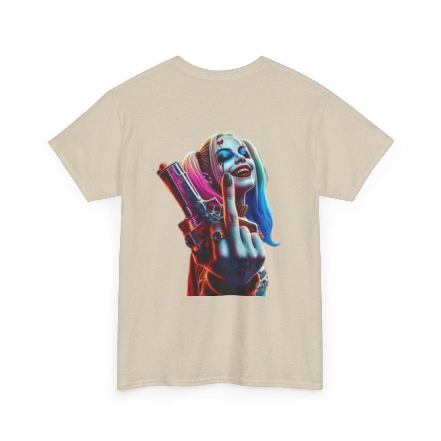 Badass Harley Quinn T-Shirt - Middle Finger and Gun Design Edgy Harley Quinn Graphic Tee - White Shirt with Attitude Harley Quinn Fans Unite