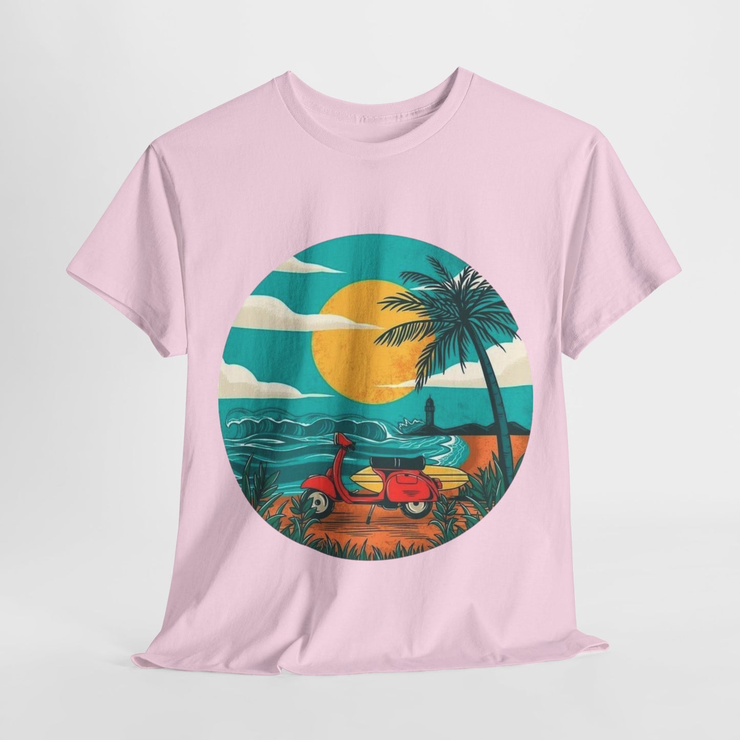 Retro Beach Scooter Tee -Vibrant Sunset Graphic,Tropical Beach Vibes T-Shirt -Sunset and Palm Trees Design,Vintage Beach Scooter Shirt