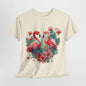 Romantic Flamingo T-Shirt - Floral Heart Design, Tropical Flamingo Tee - Floral Love Birds, Floral Flamingo T-Shirt - Tropical Love Design.