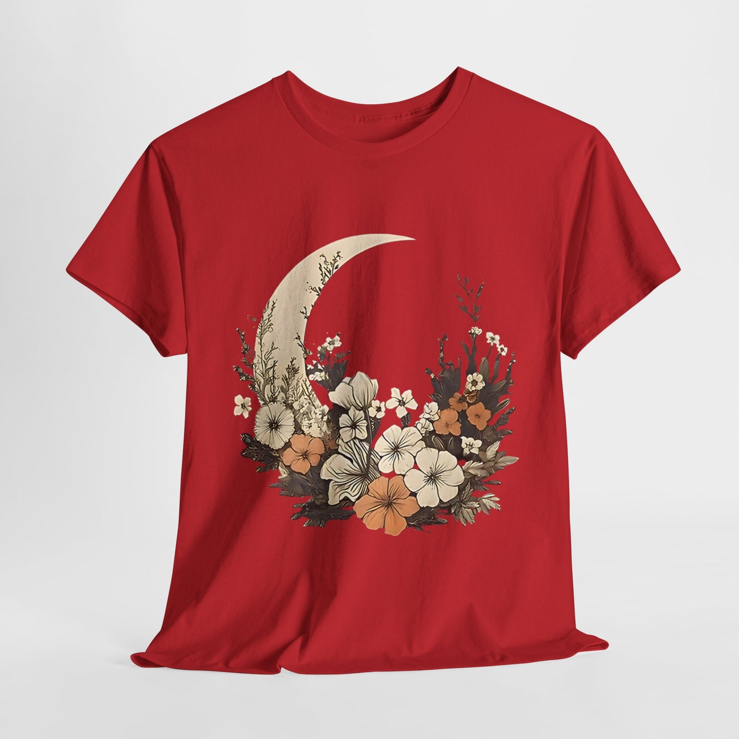 Lunar Bloom T-Shirt,Crescent Moon Floral Tee,Dreamy Night Garden Tee.