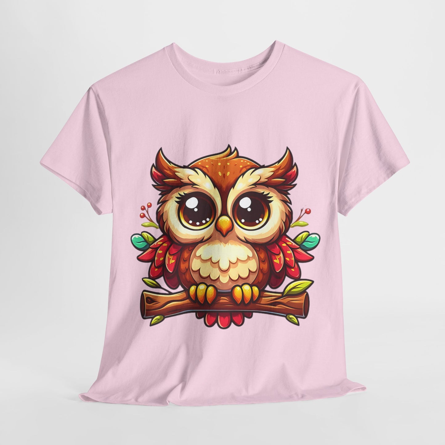 Cute Cartoon Owl T-Shirt, Adorable Owl Branch Tee, Colorful Big-Eyed Owl Shirt, Whimsical Owl Design Tee.