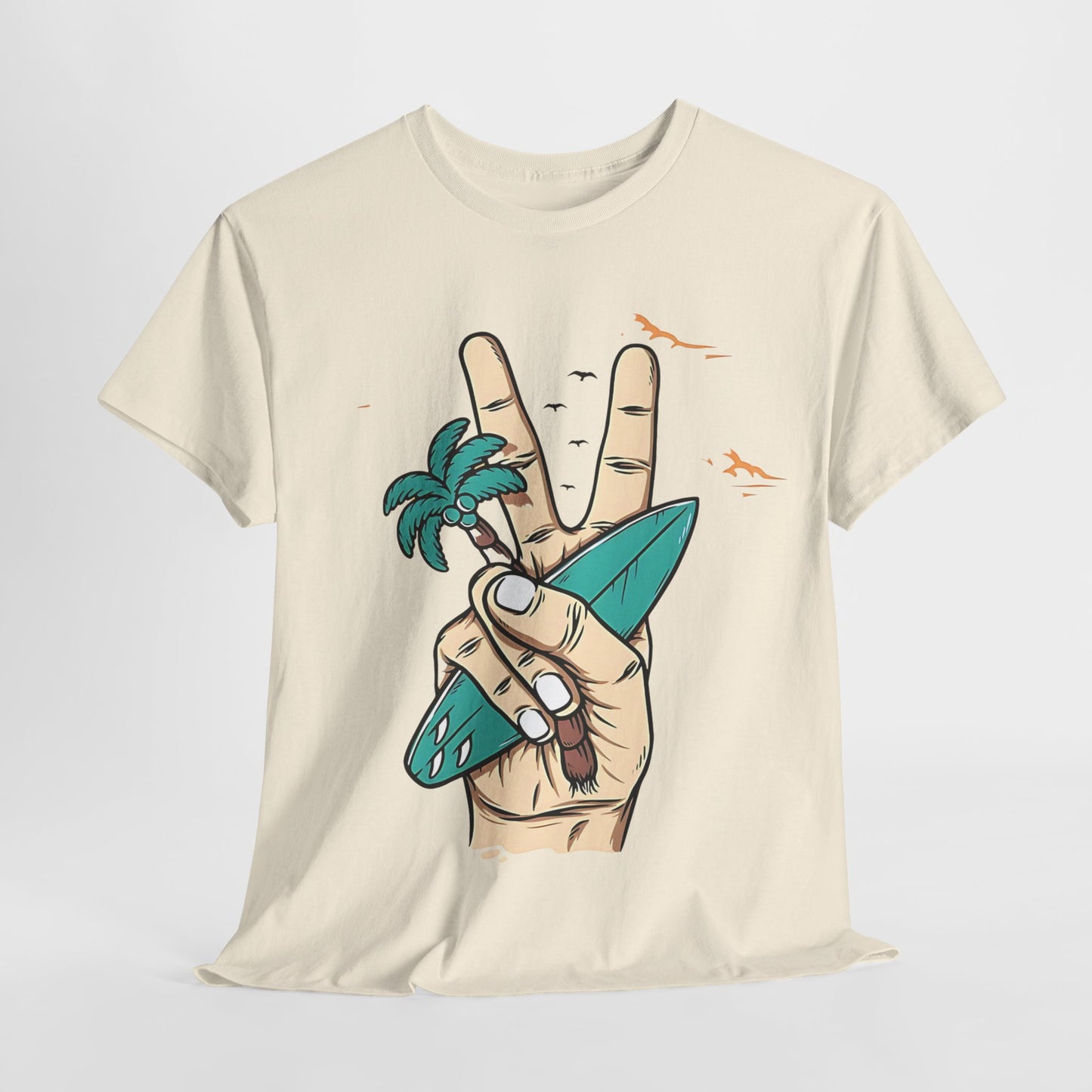 Peaceful Surf Vibes Graphic Tee, Tropical Peace Sign Surf T-Shirt, Beach Life Peace Hand Graphic Tee, Surfboard Palm Peace Gesture Shirt.