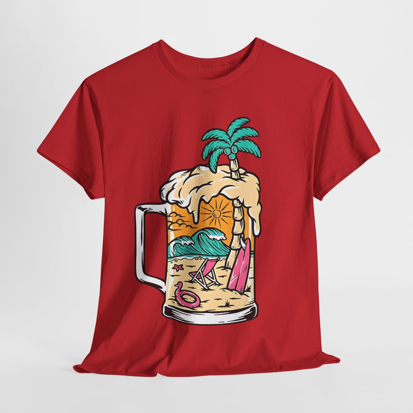 Beach Brew Bliss Tee, Tropical Paradise Mug T-Shirt, Sunset Surf and Suds Tee, Island Getaway Graphic Tee.