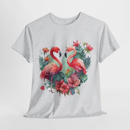 Romantic Flamingo T-Shirt - Floral Heart Design, Tropical Flamingo Tee - Floral Love Birds, Floral Flamingo T-Shirt - Tropical Love Design.