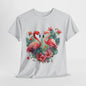 Romantic Flamingo T-Shirt - Floral Heart Design, Tropical Flamingo Tee - Floral Love Birds, Floral Flamingo T-Shirt - Tropical Love Design.