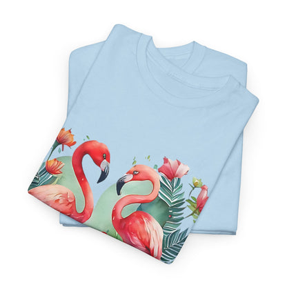 Romantic Flamingo T-Shirt - Floral Heart Design, Tropical Flamingo Tee - Floral Love Birds, Floral Flamingo T-Shirt - Tropical Love Design.