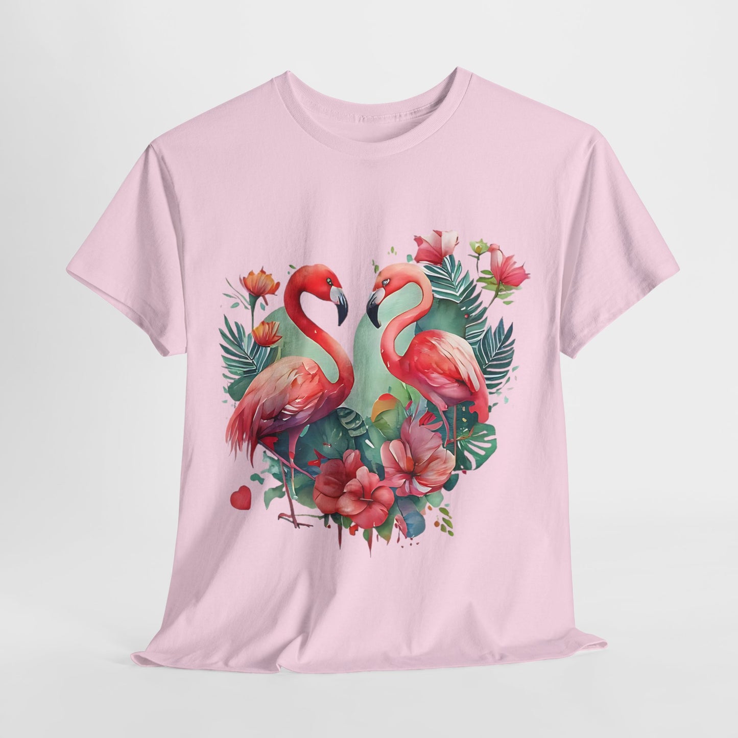 Romantic Flamingo T-Shirt - Floral Heart Design, Tropical Flamingo Tee - Floral Love Birds, Floral Flamingo T-Shirt - Tropical Love Design.