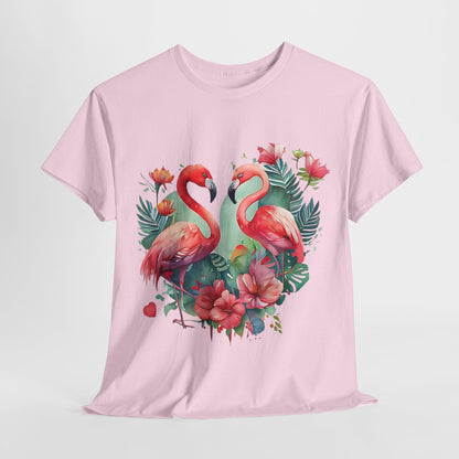 Romantic Flamingo T-Shirt - Floral Heart Design, Tropical Flamingo Tee - Floral Love Birds, Floral Flamingo T-Shirt - Tropical Love Design.