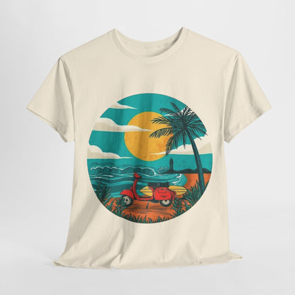 Retro Beach Scooter Tee -Vibrant Sunset Graphic,Tropical Beach Vibes T-Shirt -Sunset and Palm Trees Design,Vintage Beach Scooter Shirt