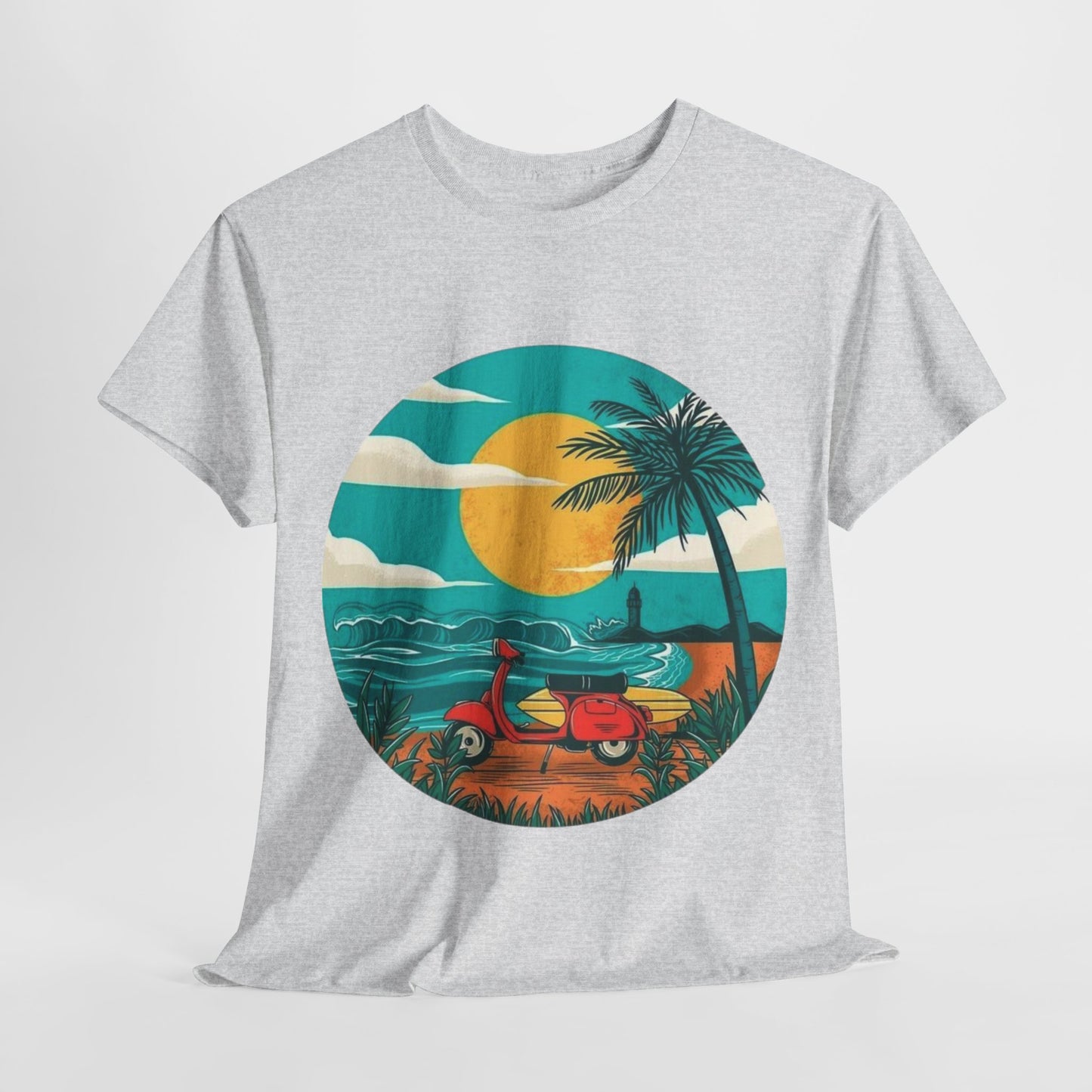 Retro Beach Scooter Tee -Vibrant Sunset Graphic,Tropical Beach Vibes T-Shirt -Sunset and Palm Trees Design,Vintage Beach Scooter Shirt