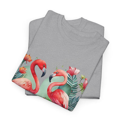 Romantic Flamingo T-Shirt - Floral Heart Design, Tropical Flamingo Tee - Floral Love Birds, Floral Flamingo T-Shirt - Tropical Love Design.