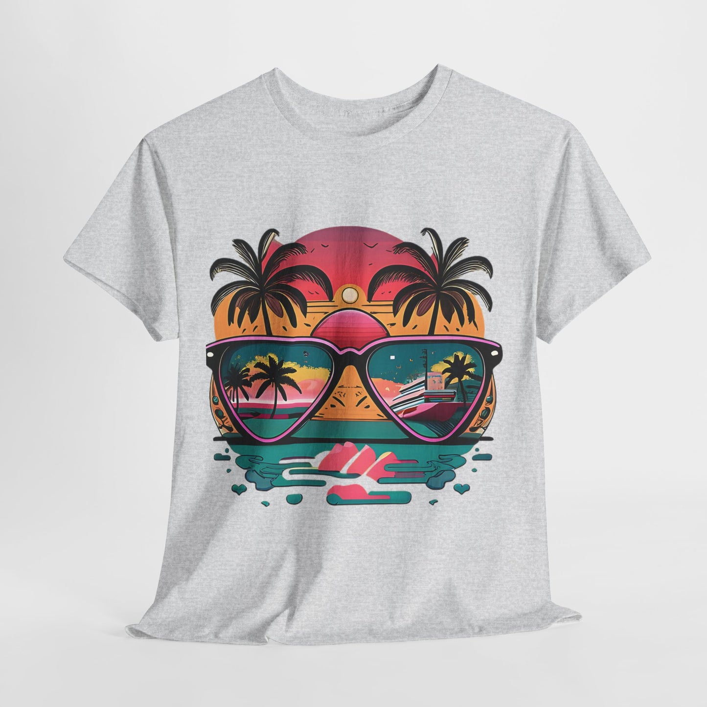 Sunglasses Reflection Beach Tee, Tropical Shades Paradise T-Shirt, Sunset Reflections Graphic Tee, Beach View Sunglasses Shirt.