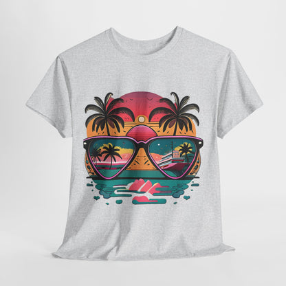 Sunglasses Reflection Beach Tee, Tropical Shades Paradise T-Shirt, Sunset Reflections Graphic Tee, Beach View Sunglasses Shirt.