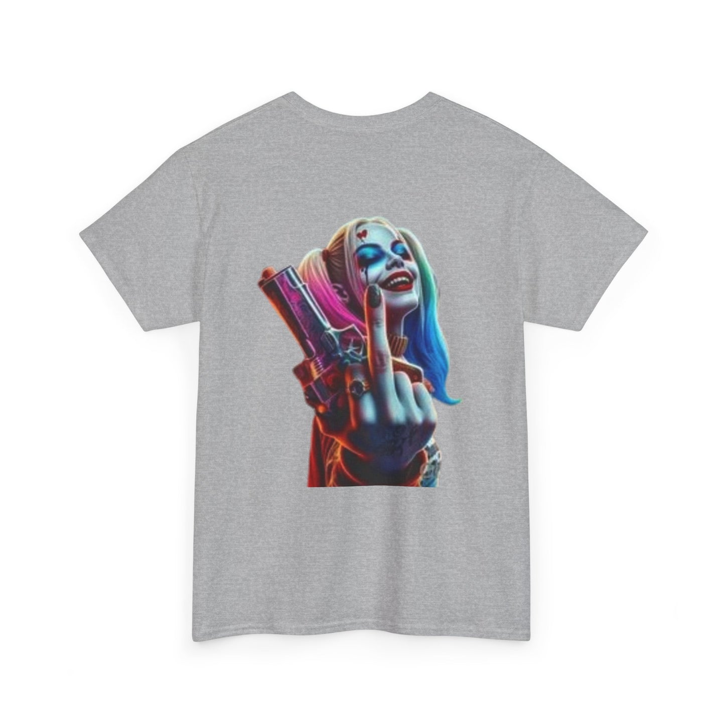 Badass Harley Quinn T-Shirt - Middle Finger and Gun Design Edgy Harley Quinn Graphic Tee - White Shirt with Attitude Harley Quinn Fans Unite