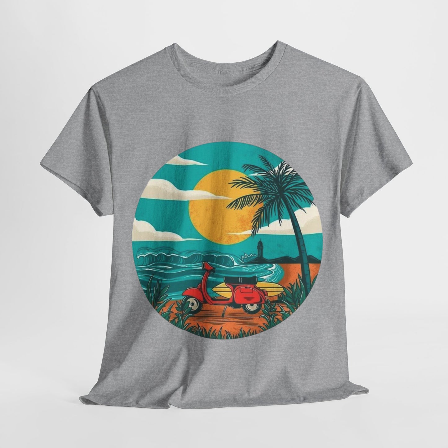 Retro Beach Scooter Tee -Vibrant Sunset Graphic,Tropical Beach Vibes T-Shirt -Sunset and Palm Trees Design,Vintage Beach Scooter Shirt