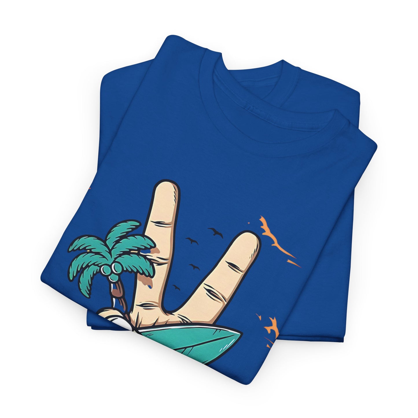 Peaceful Surf Vibes Graphic Tee, Tropical Peace Sign Surf T-Shirt, Beach Life Peace Hand Graphic Tee, Surfboard Palm Peace Gesture Shirt.