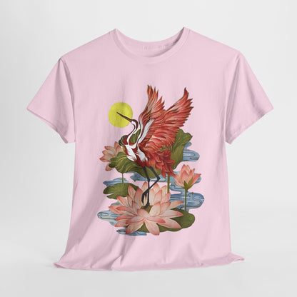 Cranes and Petal, Blooming with Grace: The Crane and Floral Tee, East Meets West: A Crane and Floral Fusion