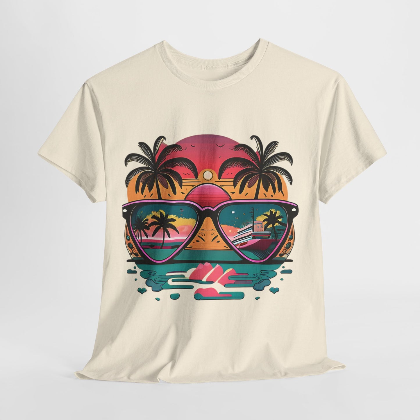 Sunglasses Reflection Beach Tee, Tropical Shades Paradise T-Shirt, Sunset Reflections Graphic Tee, Beach View Sunglasses Shirt.