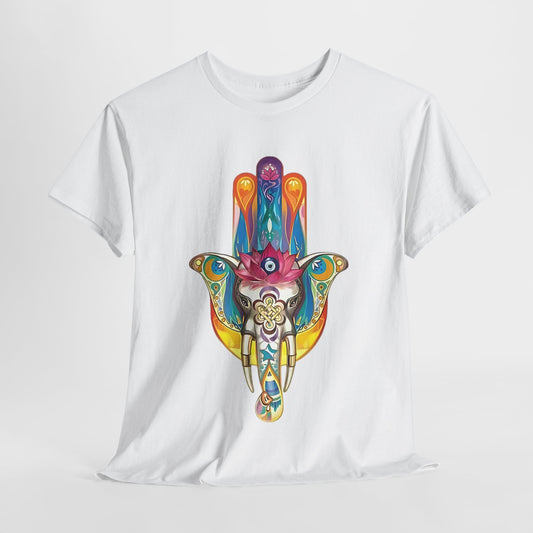 Hamsa Hand and Elephant Harmony T-Shirt, Lucky Charm Hamsa Hand and Elephant T-Shirt, World of Wonder Hamsa Hand and Elephant Journey T-Shirt