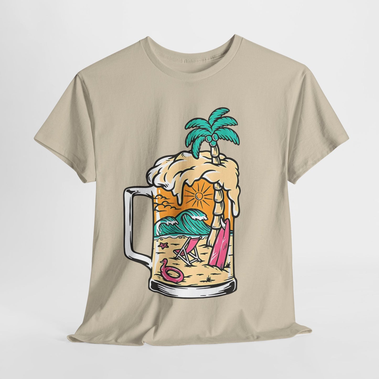 Beach Brew Bliss Tee, Tropical Paradise Mug T-Shirt, Sunset Surf and Suds Tee, Island Getaway Graphic Tee.