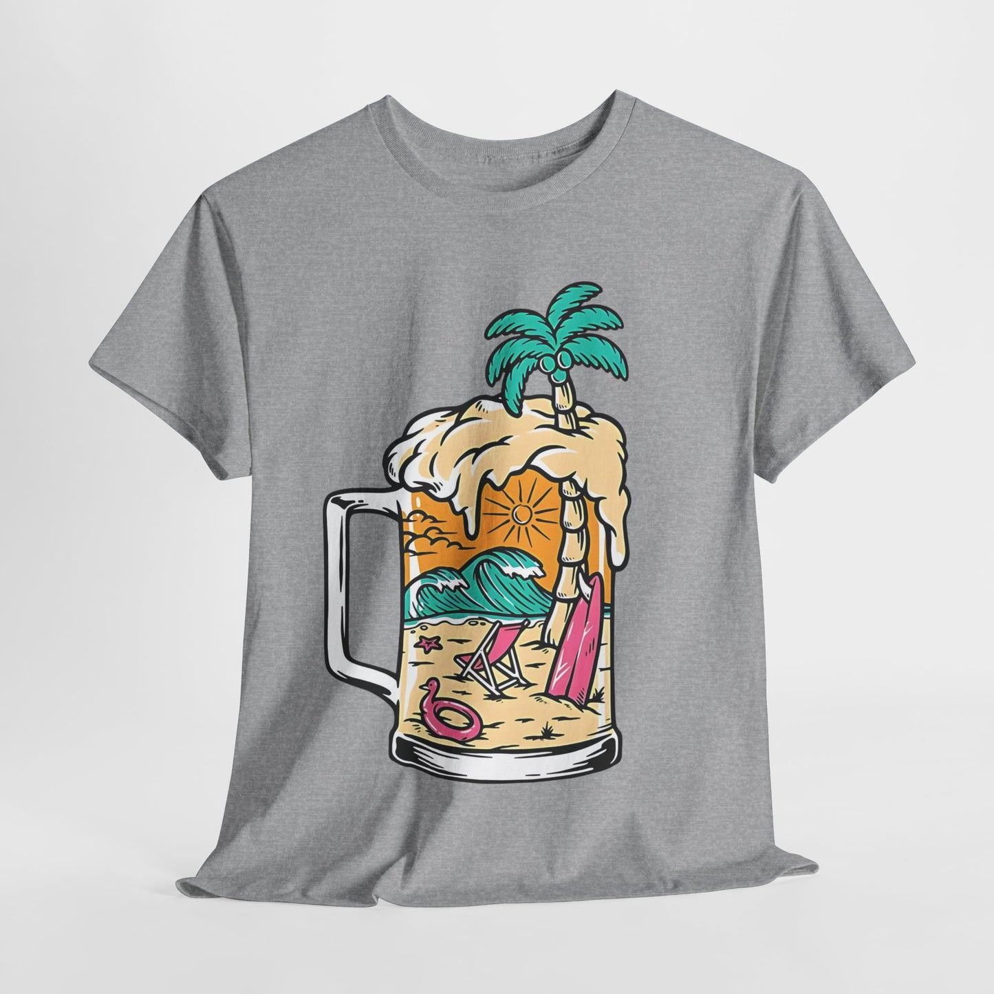 Beach Brew Bliss Tee, Tropical Paradise Mug T-Shirt, Sunset Surf and Suds Tee, Island Getaway Graphic Tee.