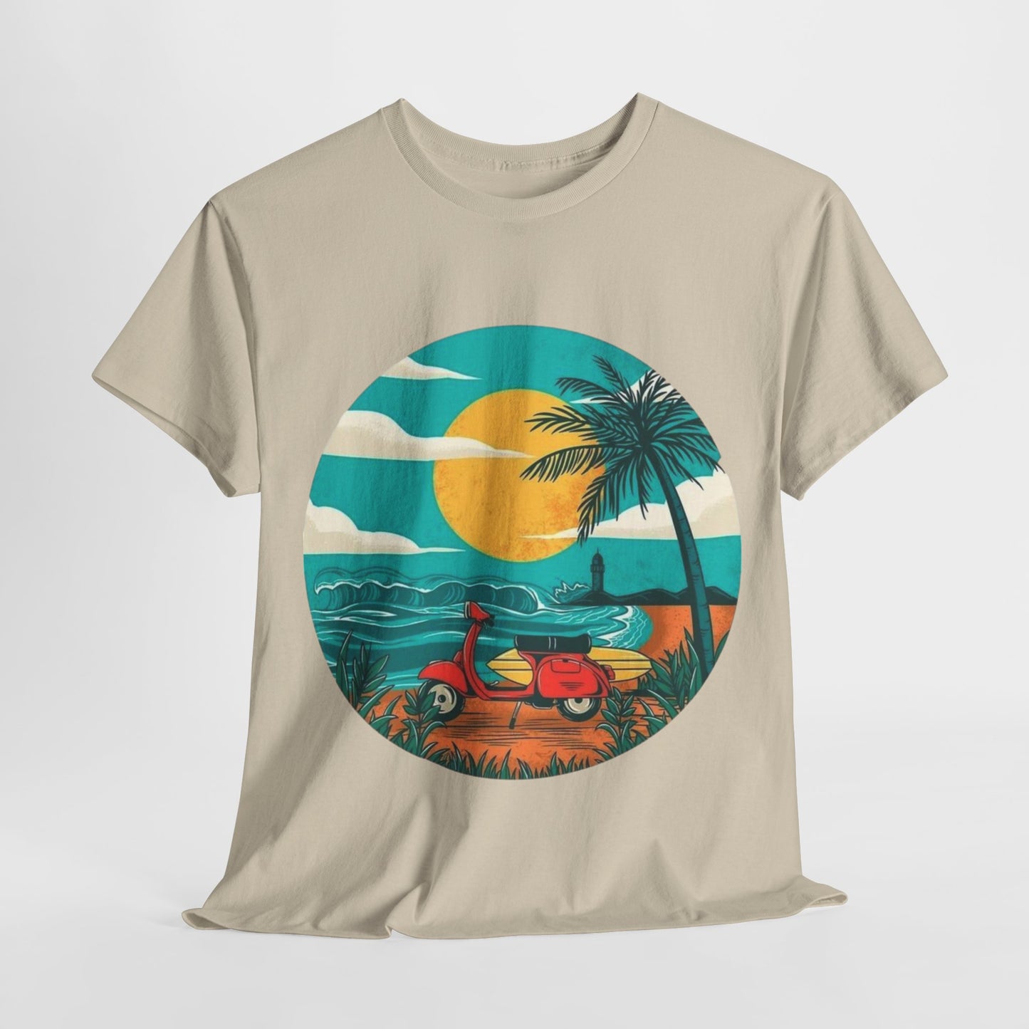 Retro Beach Scooter Tee -Vibrant Sunset Graphic,Tropical Beach Vibes T-Shirt -Sunset and Palm Trees Design,Vintage Beach Scooter Shirt