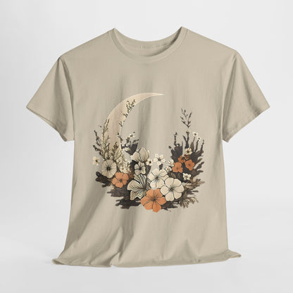 Lunar Bloom T-Shirt,Crescent Moon Floral Tee,Dreamy Night Garden Tee.