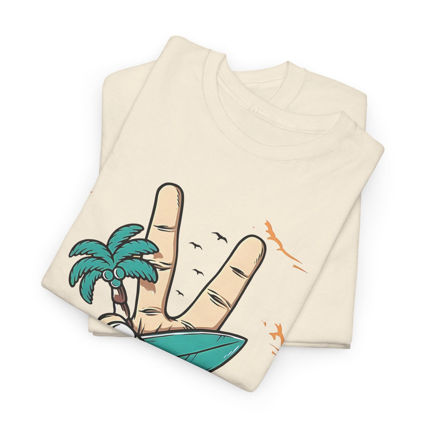 Peaceful Surf Vibes Graphic Tee, Tropical Peace Sign Surf T-Shirt, Beach Life Peace Hand Graphic Tee, Surfboard Palm Peace Gesture Shirt.