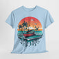 Island Vibes: Palm Tree and Boat Silhouette T-Shirt, Sailing Away Palm Trees and Boat T-Shirt, Life's a Beach Palm Tree Paradise T-Shirt