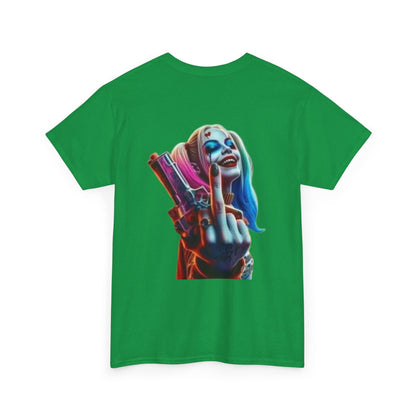 Badass Harley Quinn T-Shirt - Middle Finger and Gun Design Edgy Harley Quinn Graphic Tee - White Shirt with Attitude Harley Quinn Fans Unite