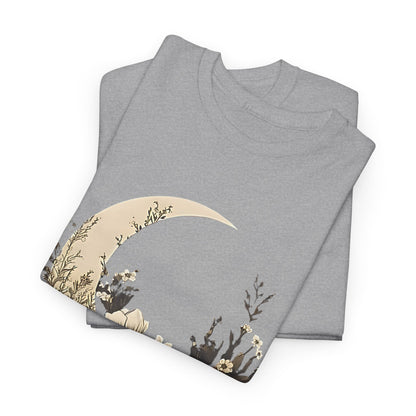 Lunar Bloom T-Shirt,Crescent Moon Floral Tee,Dreamy Night Garden Tee.