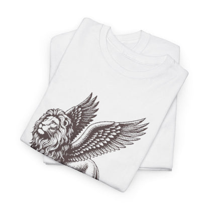 Mythical Winged Lion Tee, Majestic Griffin Art T-Shirt, Fantasy Creature Lion Tee, Winged Beast Graphic Shirt