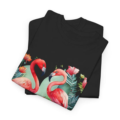 Romantic Flamingo T-Shirt - Floral Heart Design, Tropical Flamingo Tee - Floral Love Birds, Floral Flamingo T-Shirt - Tropical Love Design.