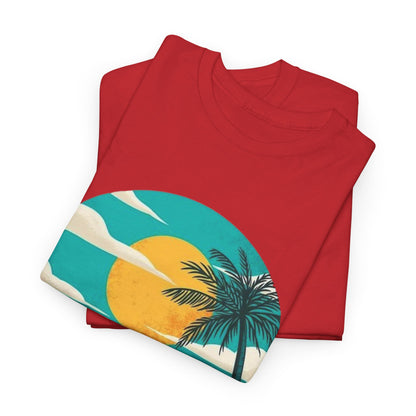 Retro Beach Scooter Tee -Vibrant Sunset Graphic,Tropical Beach Vibes T-Shirt -Sunset and Palm Trees Design,Vintage Beach Scooter Shirt