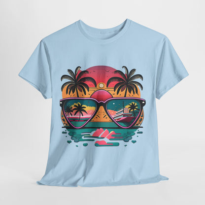 Sunglasses Reflection Beach Tee, Tropical Shades Paradise T-Shirt, Sunset Reflections Graphic Tee, Beach View Sunglasses Shirt.