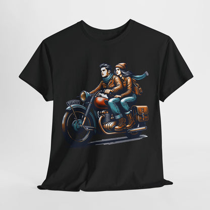 Ride Together: Couples Motorcycle Graphic Tee, Biker Duo. Man and Woman Motorcycle T-Shirt, Adventure Awaits. Couples Motorcycle Photo Tee