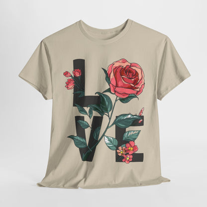 Blooming Love: Rose Graphic T-Shirt, Wear Your Heart on Your Sleeve Rose and Love Tee, Classic Romance Rose and Love T-Shirt