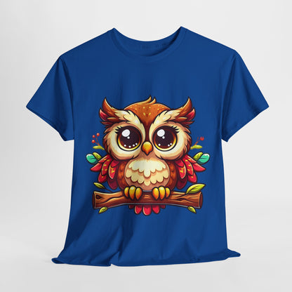 Cute Cartoon Owl T-Shirt, Adorable Owl Branch Tee, Colorful Big-Eyed Owl Shirt, Whimsical Owl Design Tee.