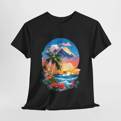 Island Escape Graphic T-Shirt, Sunset Palm Oasis Shirt, Vibrant Tropical Beach Scene Tee, Sunset Surf and Palm Trees Shirt.