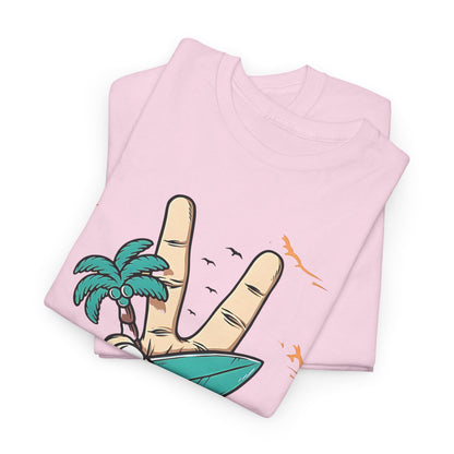 Peaceful Surf Vibes Graphic Tee, Tropical Peace Sign Surf T-Shirt, Beach Life Peace Hand Graphic Tee, Surfboard Palm Peace Gesture Shirt.