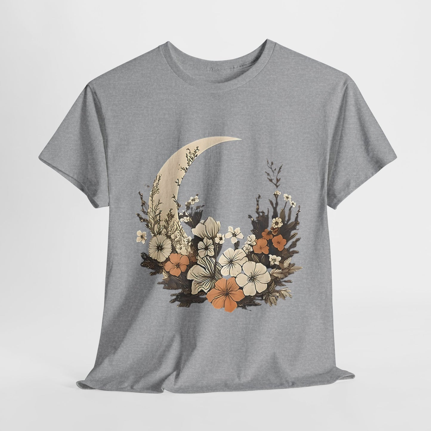 Lunar Bloom T-Shirt,Crescent Moon Floral Tee,Dreamy Night Garden Tee.