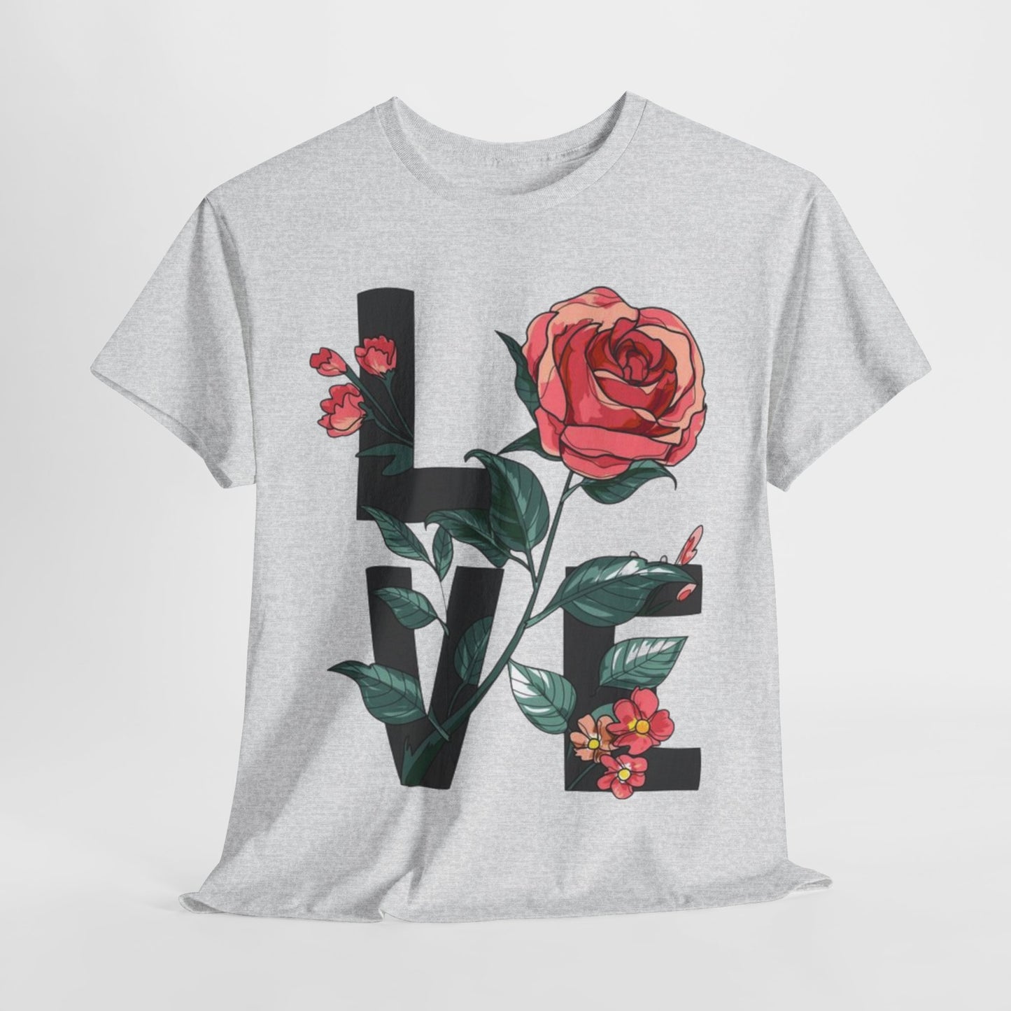 Blooming Love: Rose Graphic T-Shirt, Wear Your Heart on Your Sleeve Rose and Love Tee, Classic Romance Rose and Love T-Shirt