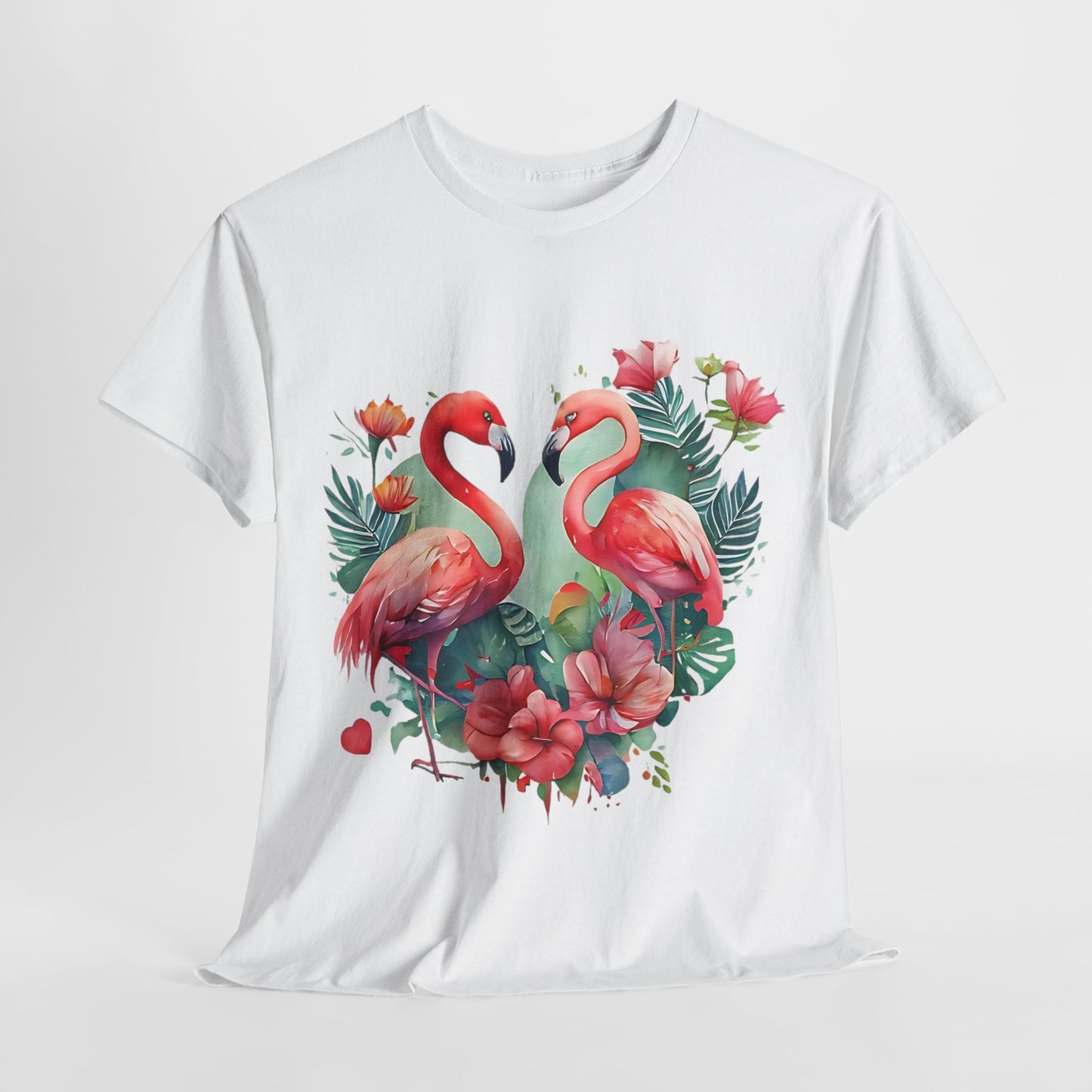 Romantic Flamingo T-Shirt - Floral Heart Design, Tropical Flamingo Tee - Floral Love Birds, Floral Flamingo T-Shirt - Tropical Love Design.