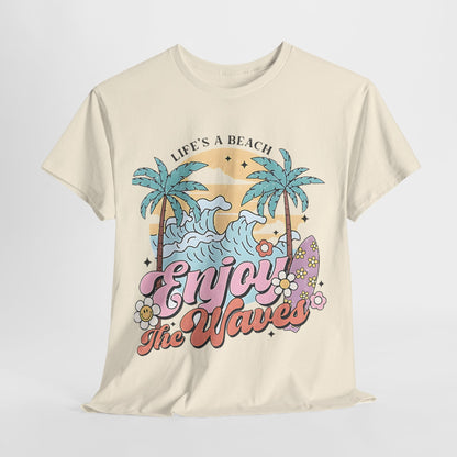 Graphic Surf T-Shirt - Life's a Beach, Enjoy the Waves, Beach Vibes Graphic Tee  Enjoy the Waves, Retro Surf Style T-Shirt - Life's a Beach.